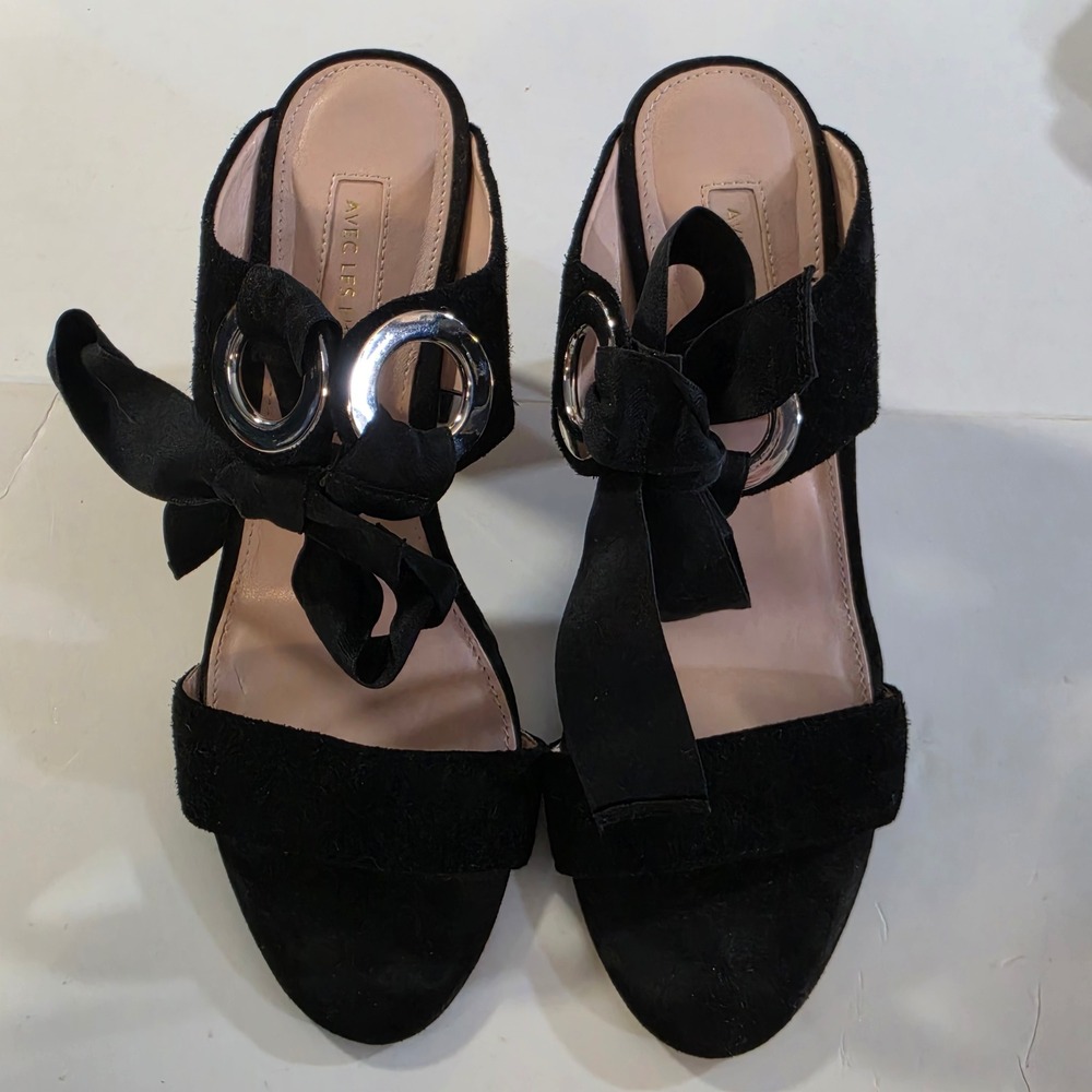 Avec Les Filles Black Suede Mules Block Silver Grommet Tie Sandals Womens Sz 7.5
